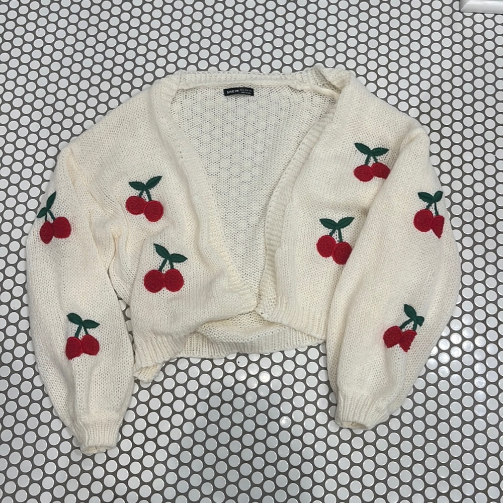 White cardigan with cherry embroidery
